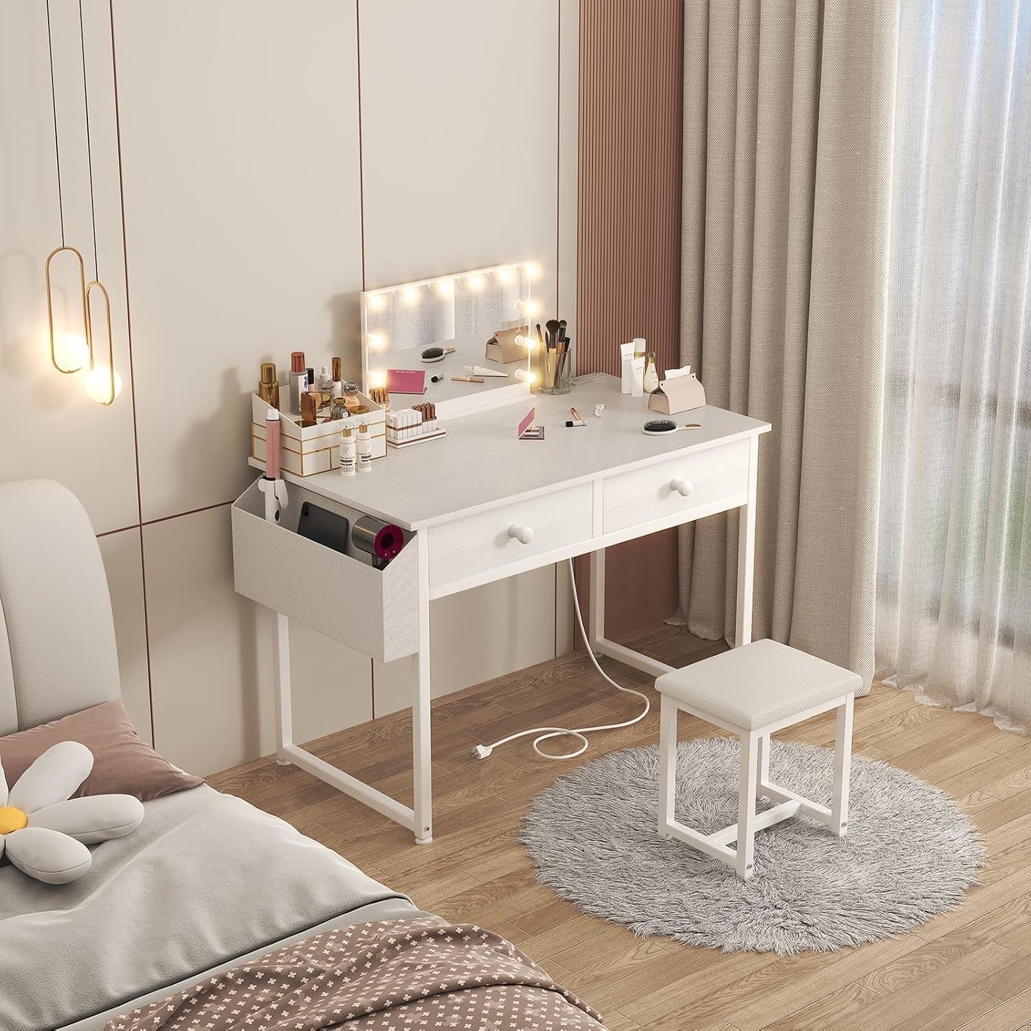 White Makeup Vanity Table With Integrated Charging